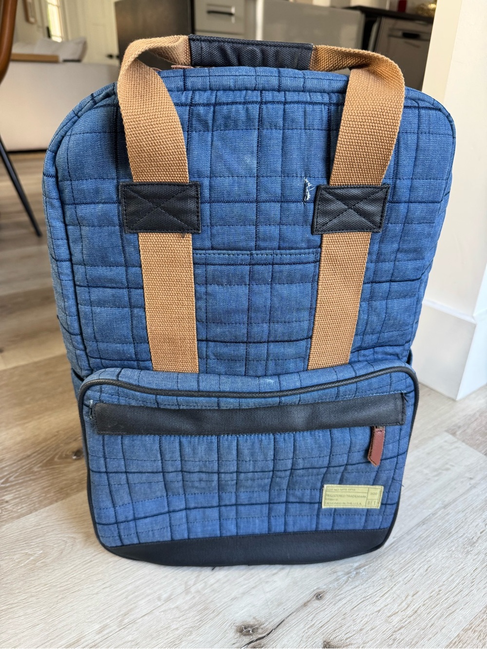 Hex Blue Quilted Backpack with Tan Straps